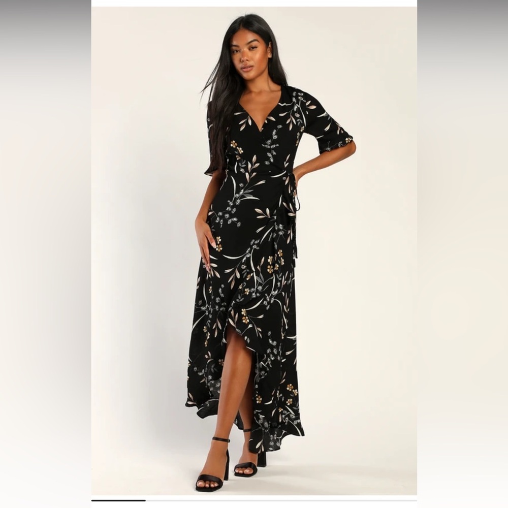 Lulus Wild Winds Black Floral Print High-Low Wrap Dress
